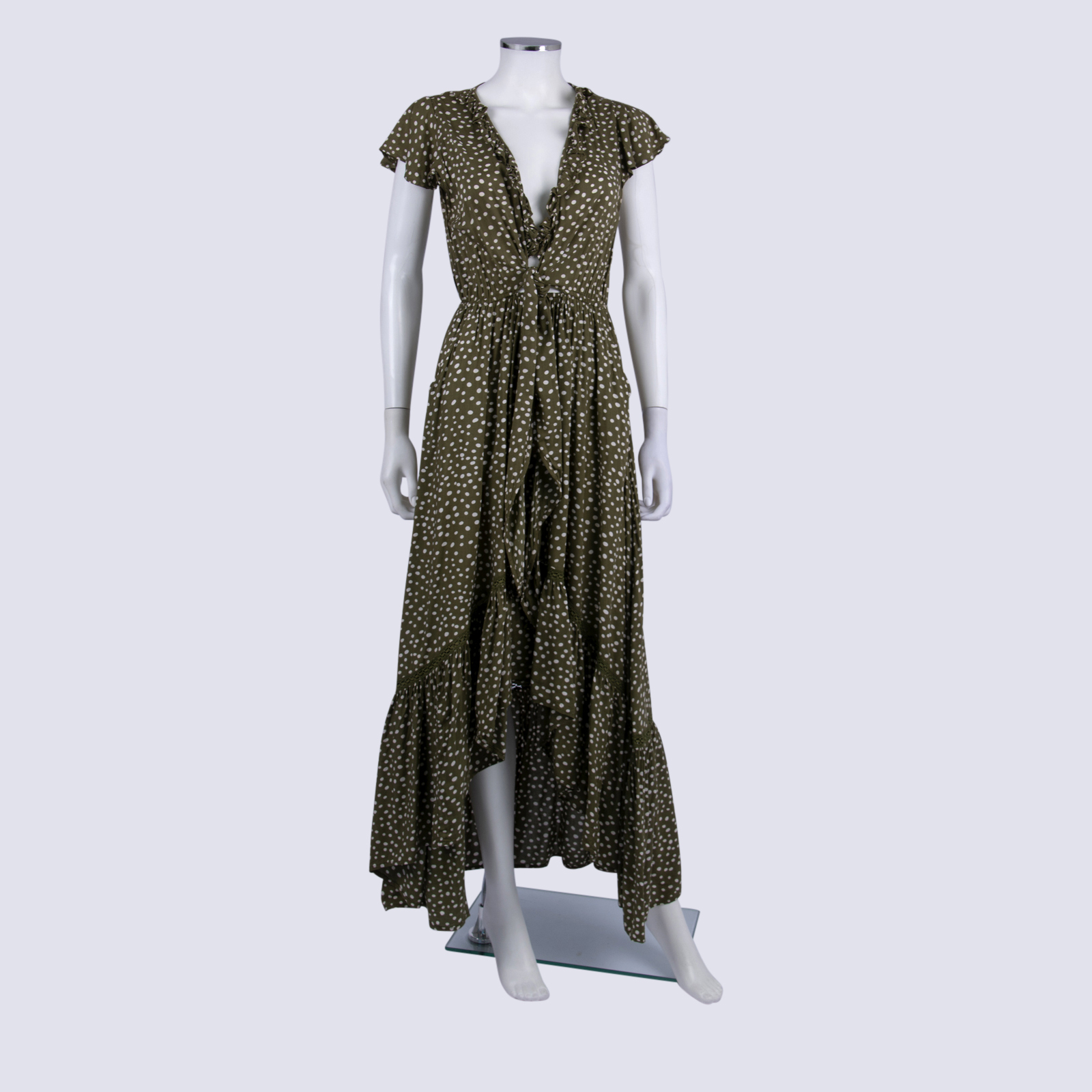 Kivari Khaki Polka Dot Front Tie Maxi Dress